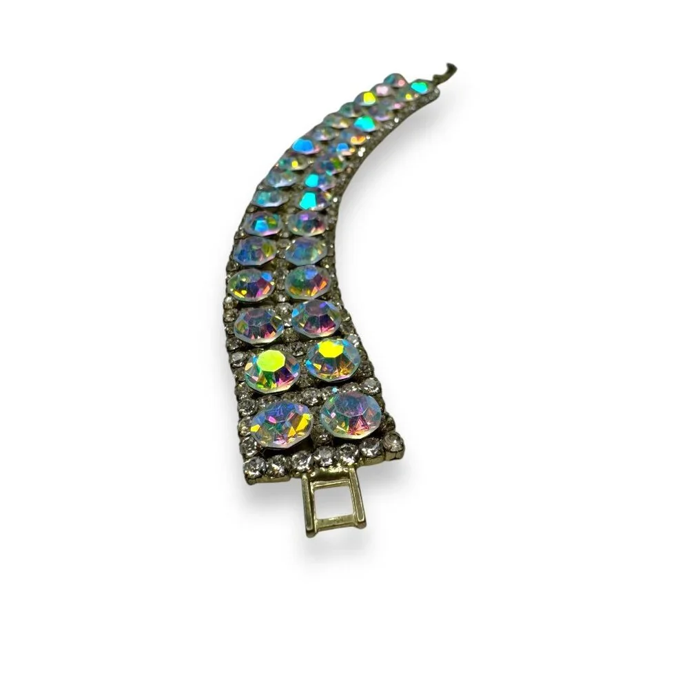 Aurora Borealis Crystal Rhinestone Bracelet 6.75" Fold Over Clasp Vintage - Picture 2 of 8